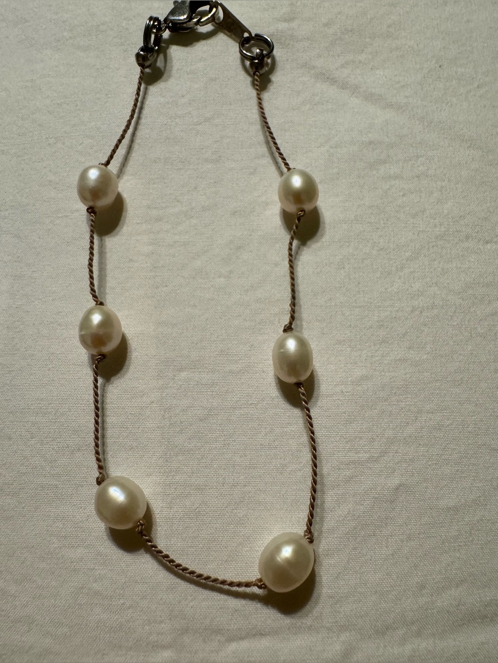 Elegant Pearl Station Necklace - White Pearls on Brown Cord